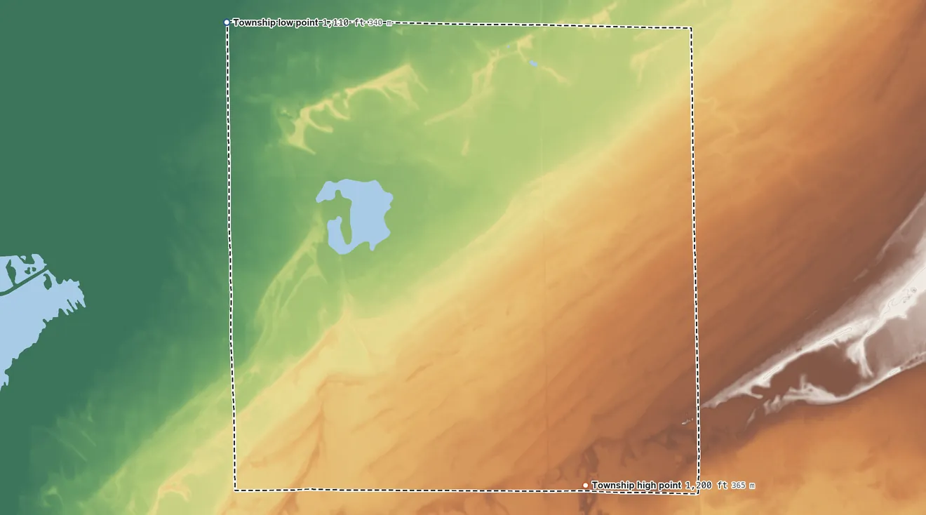 Topographic elevation map of Huntly Township, Minnesota, shaded from 1,110 ft on the northwest side to 1,200 ft on the south side