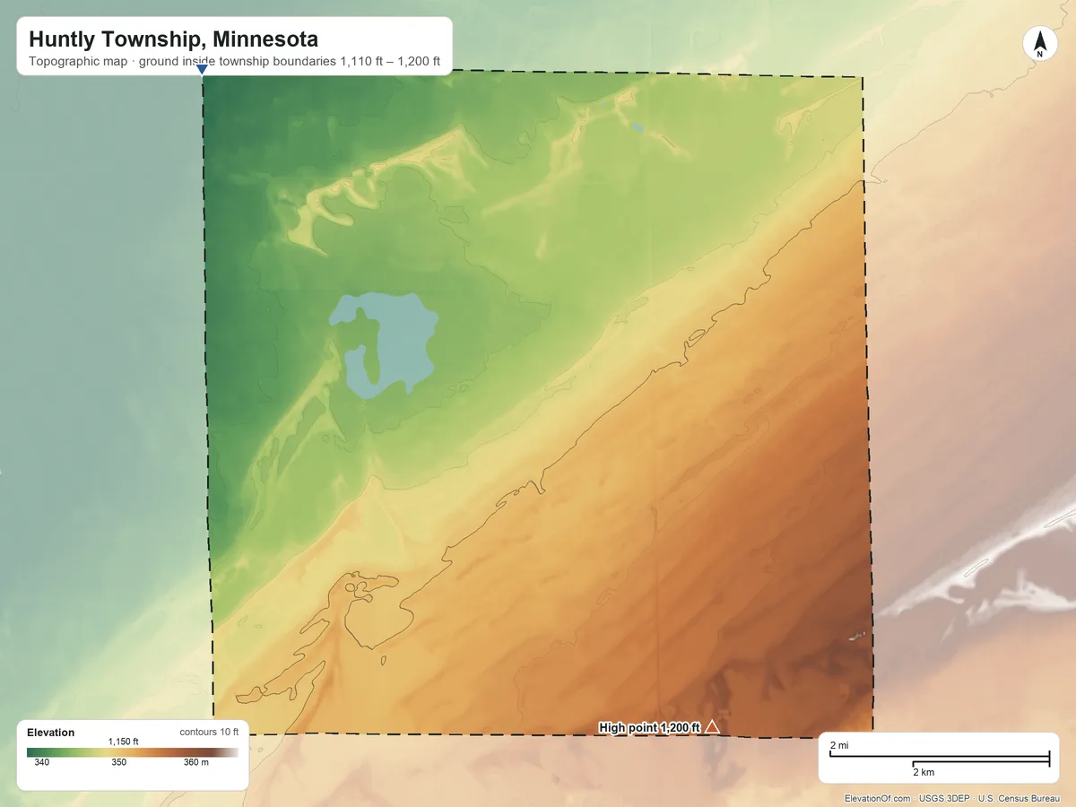 Topographic elevation map of Huntly Township, Minnesota, shaded from 1,110 ft on the northwest side to 1,200 ft on the south side