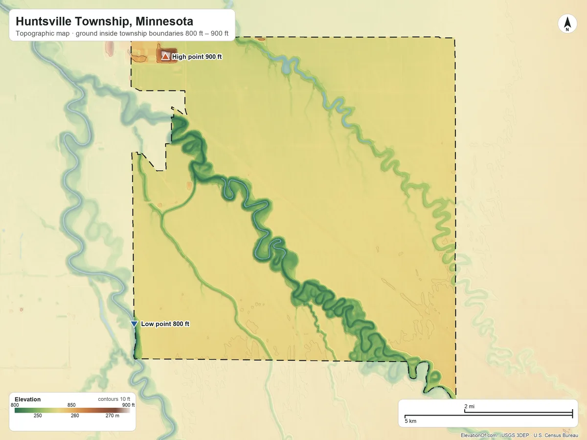 Topographic elevation map of Huntsville Township, Minnesota, shaded from 800 ft on the southwest side to 900 ft on the northwest side