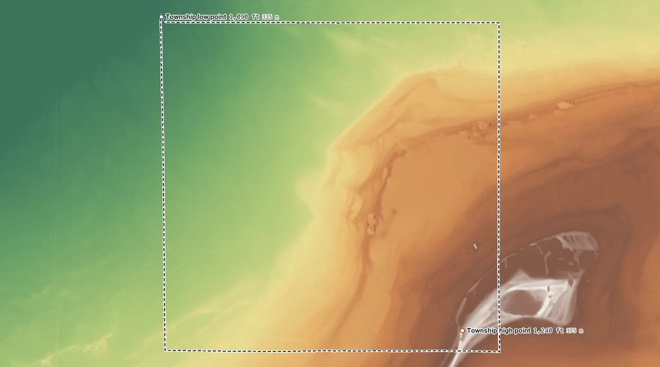 Topographic elevation map of Huss Township, Minnesota, shaded from 1,090 ft on the northwest side to 1,240 ft on the southeast side