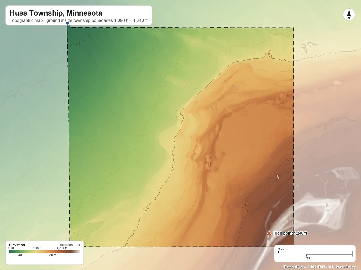 Topographic elevation map of Huss Township, Minnesota, shaded from 1,090 ft on the northwest side to 1,240 ft on the southeast side