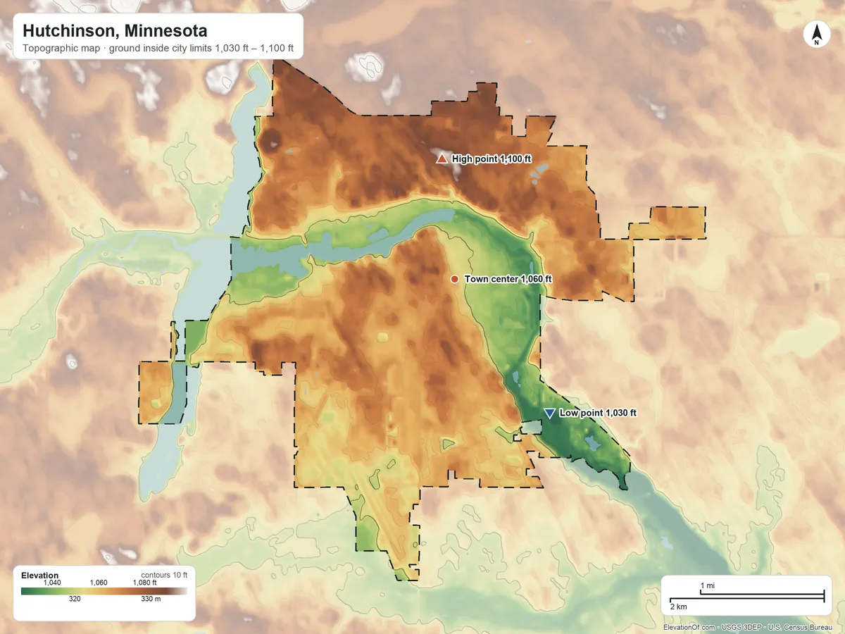 Topographic elevation map of Hutchinson, Minnesota, shaded from 1,030 ft on the southeast side to 1,100 ft on the north side