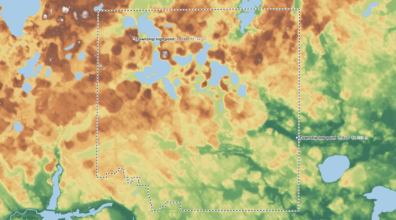 Topographic elevation map of Hutchinson Township, Minnesota, shaded from 1,040 ft on the east side to 1,140 ft on the northwest side
