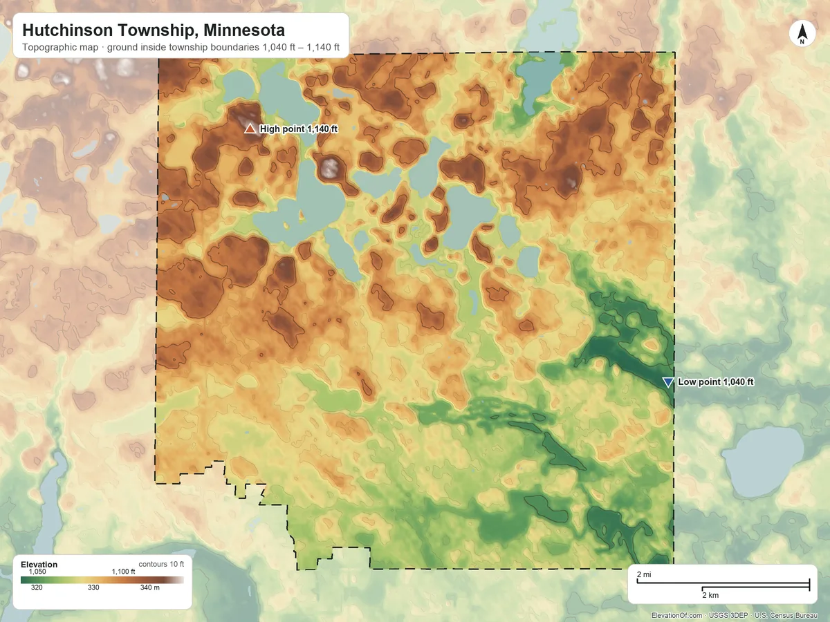 Topographic elevation map of Hutchinson Township, Minnesota, shaded from 1,040 ft on the east side to 1,140 ft on the northwest side