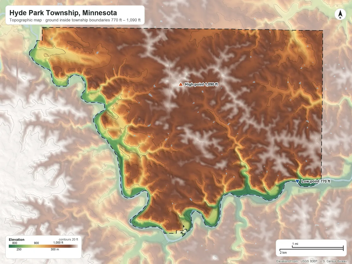 Topographic elevation map of Hyde Park Township, Minnesota, shaded from 770 ft on the east side to 1,090 ft on the north side