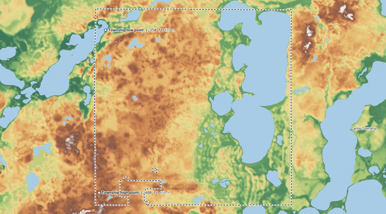 Topographic elevation map of Ida Township, Minnesota, shaded from 1,350 ft on the northwest side to 1,480 ft on the southwest side