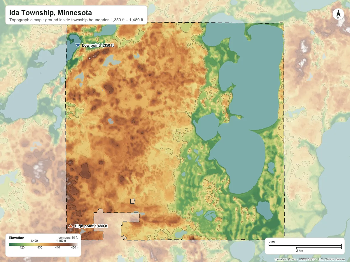 Topographic elevation map of Ida Township, Minnesota, shaded from 1,350 ft on the northwest side to 1,480 ft on the southwest side