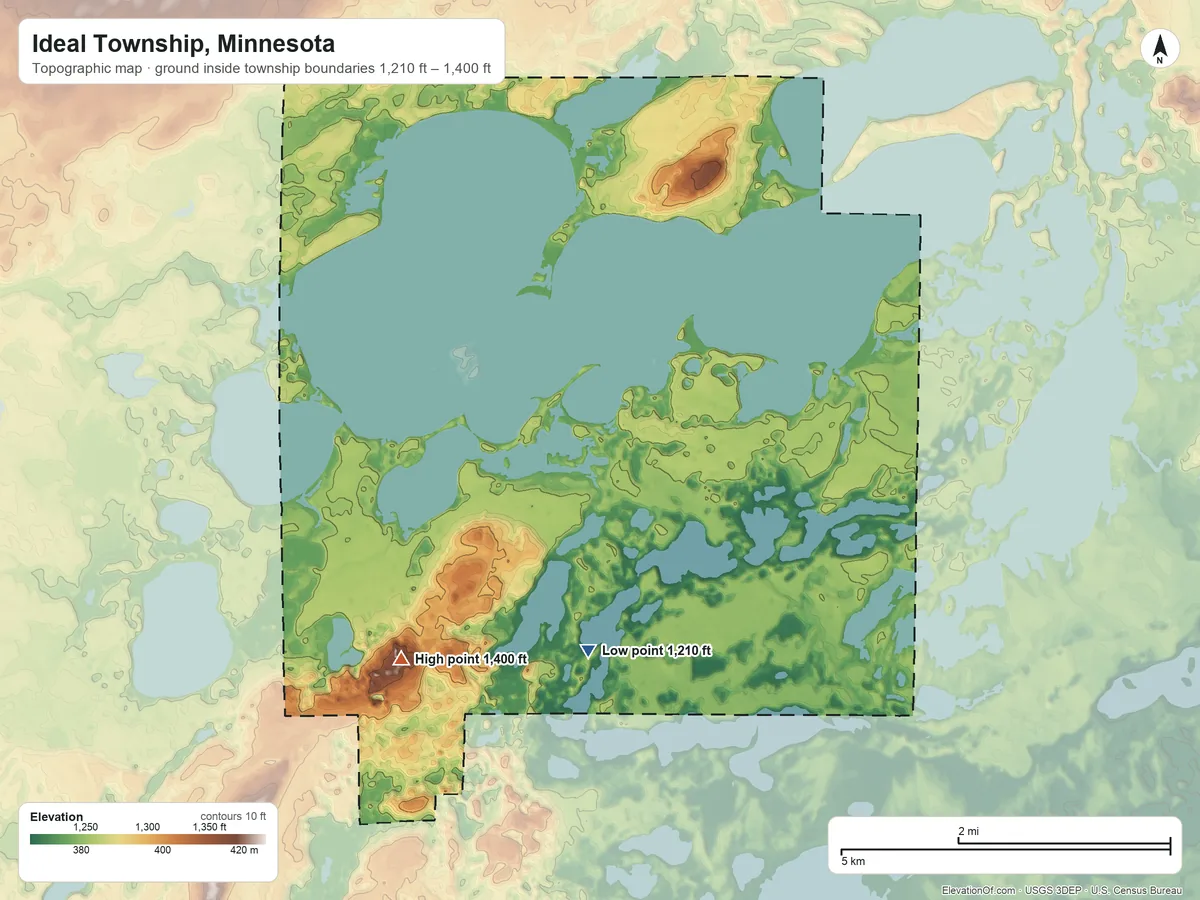 Topographic elevation map of Ideal Township, Minnesota, shaded from 1,210 ft on the south side to 1,400 ft on the southwest side