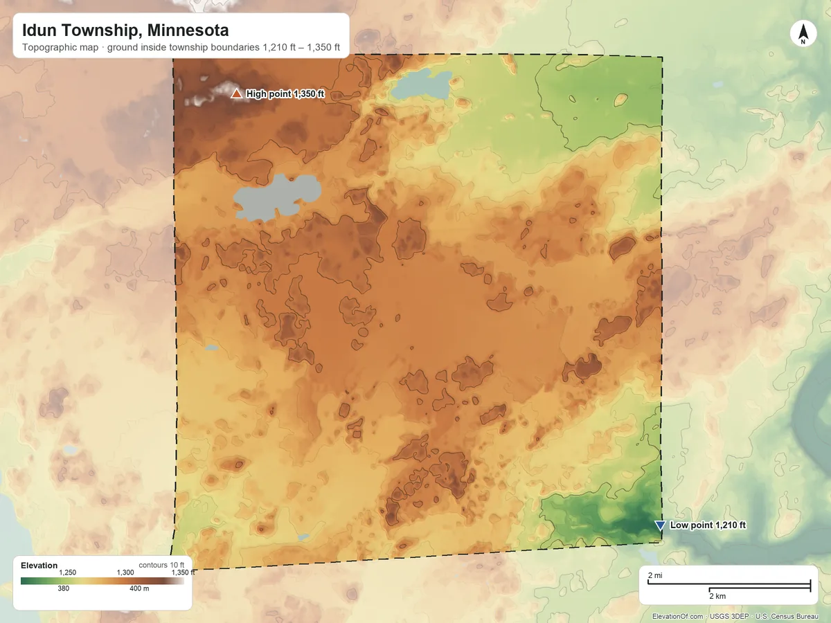 Topographic elevation map of Idun Township, Minnesota, shaded from 1,210 ft on the southeast side to 1,350 ft on the northwest side