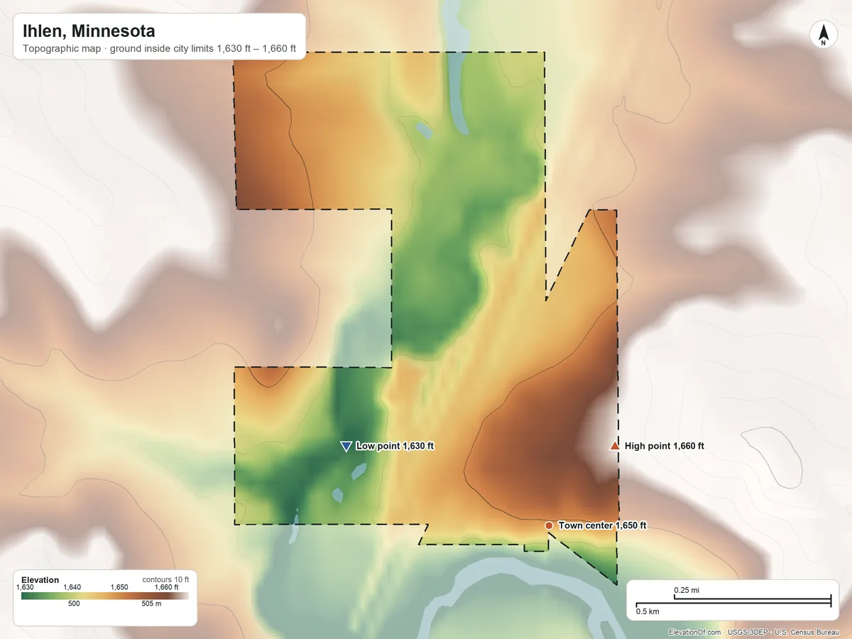 Topographic elevation map of Ihlen, Minnesota, shaded from 1,630 ft on the west side to 1,660 ft on the northeast side