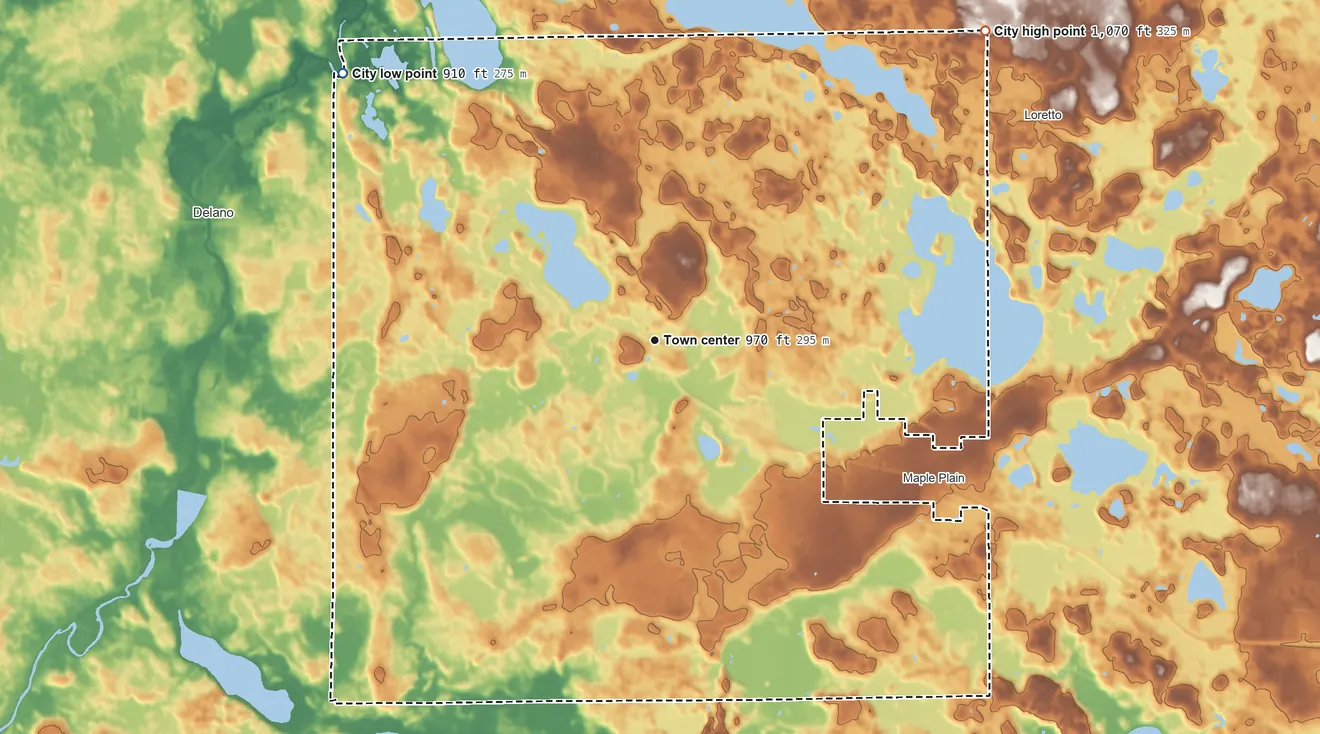 Topographic elevation map of Independence, Minnesota, shaded from 910 ft on the northwest side to 1,070 ft on the northeast side
