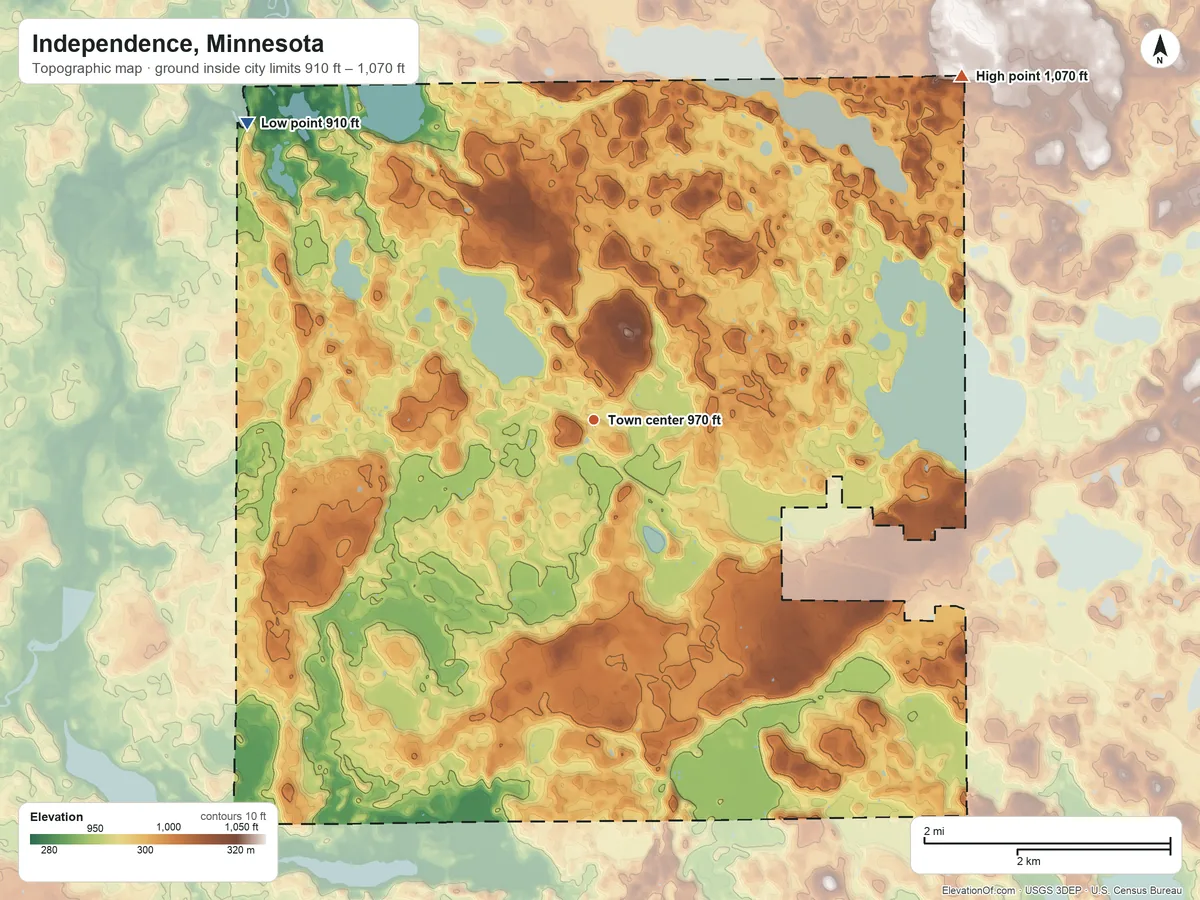 Topographic elevation map of Independence, Minnesota, shaded from 910 ft on the northwest side to 1,070 ft on the northeast side