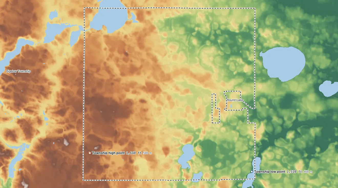 Topographic elevation map of Indian Lake Township, Minnesota, shaded from 1,510 ft on the southeast side to 1,640 ft on the southwest side