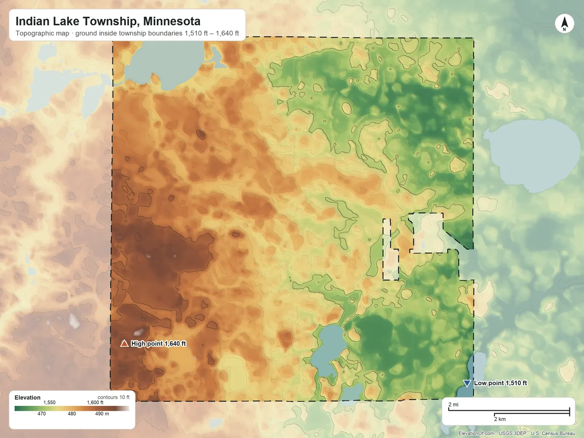 Topographic elevation map of Indian Lake Township, Minnesota, shaded from 1,510 ft on the southeast side to 1,640 ft on the southwest side