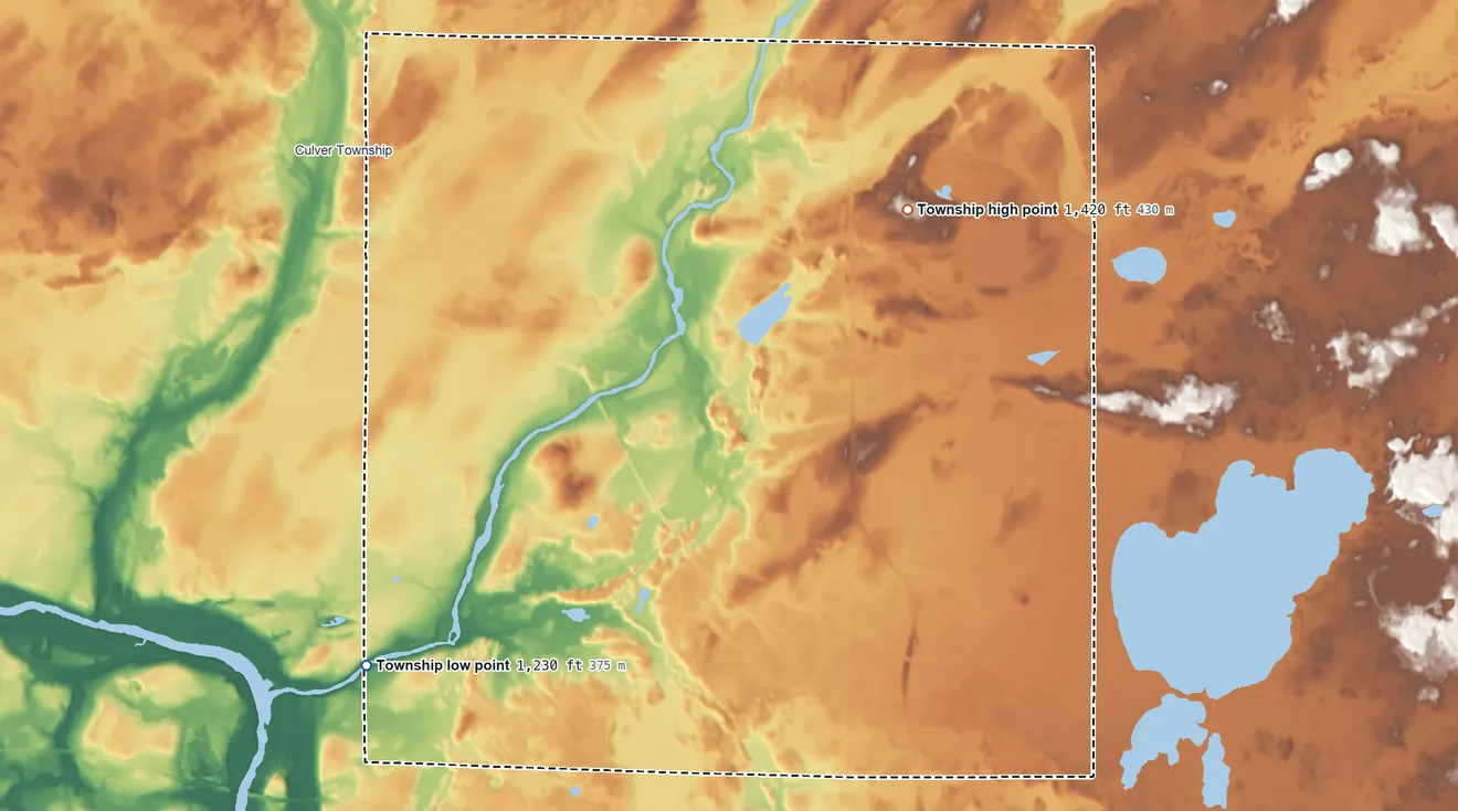 Topographic elevation map of Industrial Township, Minnesota, shaded from 1,230 ft on the southwest side to 1,420 ft on the northeast side