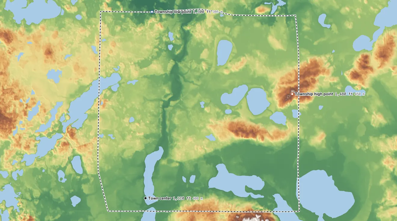Topographic elevation map of Inguadona Township, Minnesota, shaded from 1,300 ft on the north side to 1,480 ft on the northeast side
