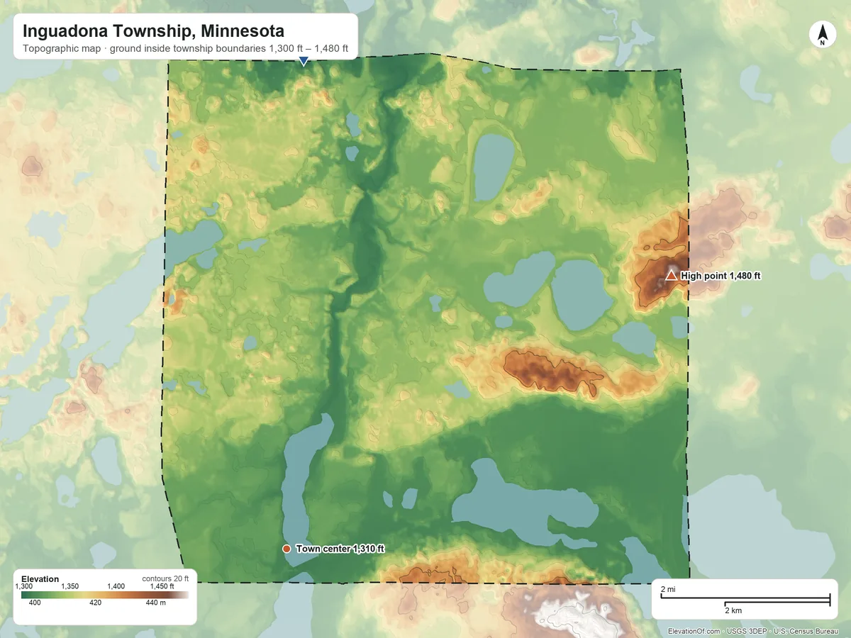 Topographic elevation map of Inguadona Township, Minnesota, shaded from 1,300 ft on the north side to 1,480 ft on the northeast side