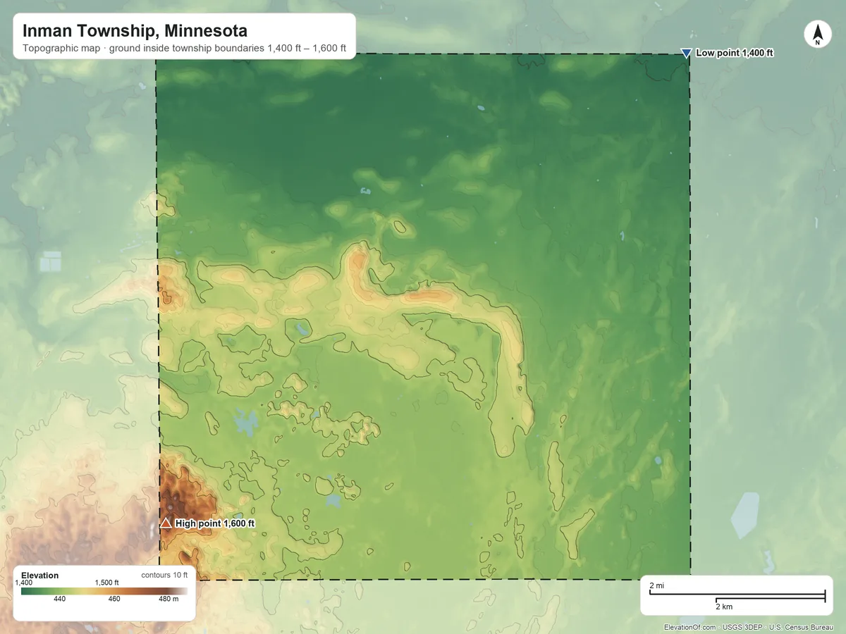 Topographic elevation map of Inman Township, Minnesota, shaded from 1,400 ft on the northeast side to 1,600 ft on the southwest side