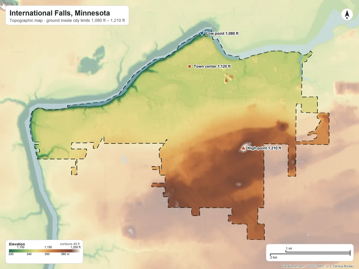 Topographic elevation map of International Falls, Minnesota, shaded from 1,080 ft near the middle to 1,210 ft on the southeast side