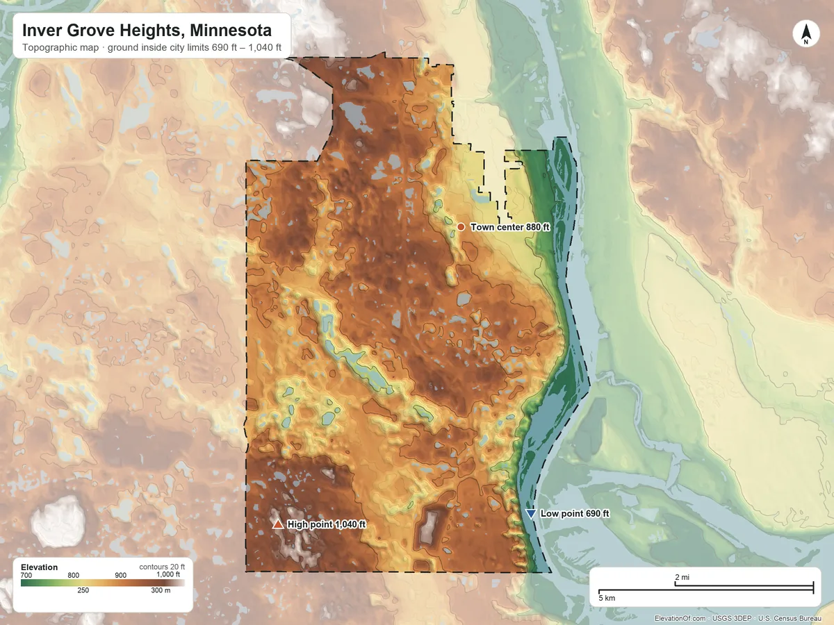 Topographic elevation map of Inver Grove Heights, Minnesota, shaded from 690 ft on the south side to 1,040 ft on the southwest side