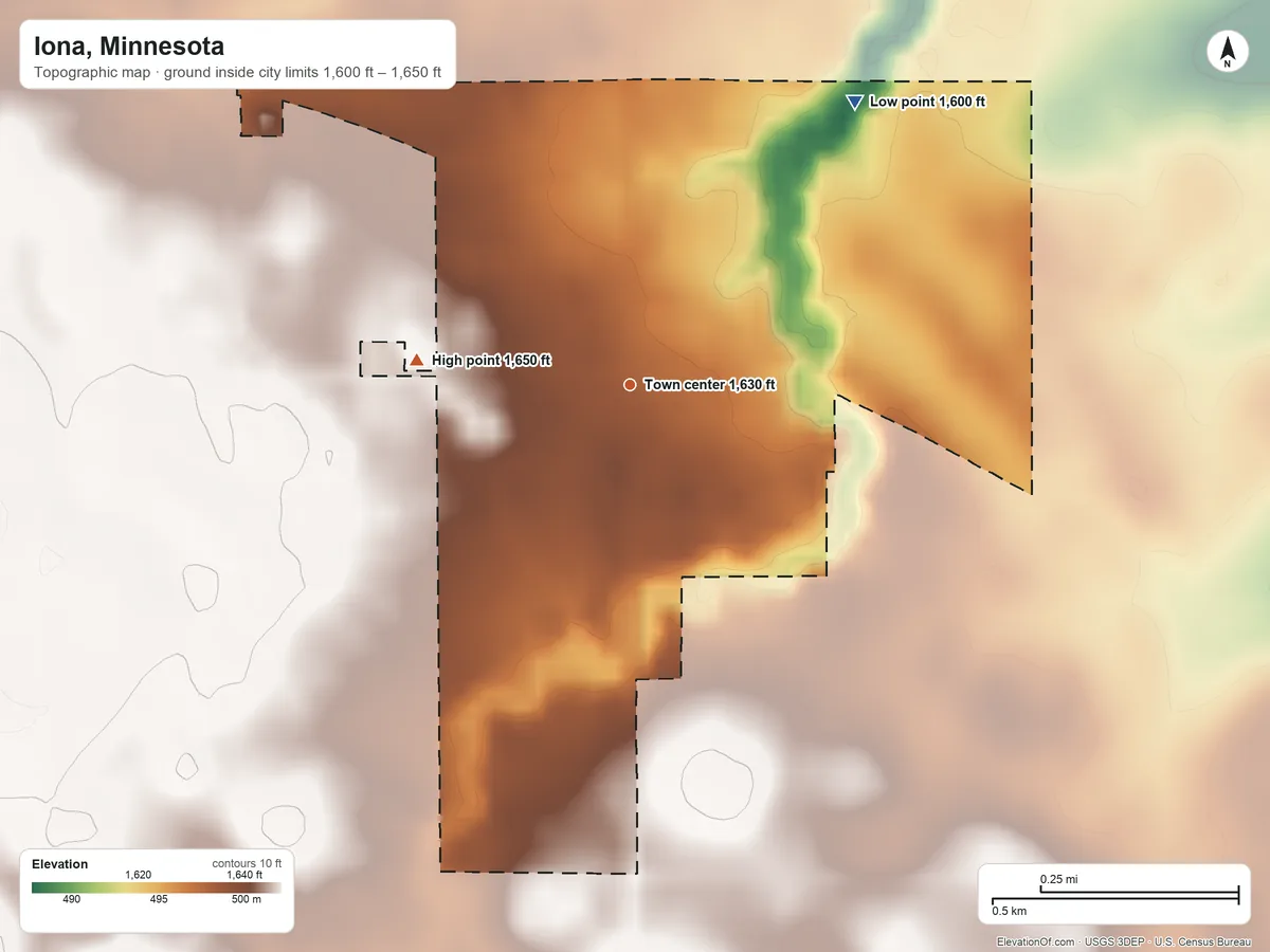 Topographic elevation map of Iona, Minnesota, shaded from 1,600 ft on the northeast side to 1,650 ft on the west side