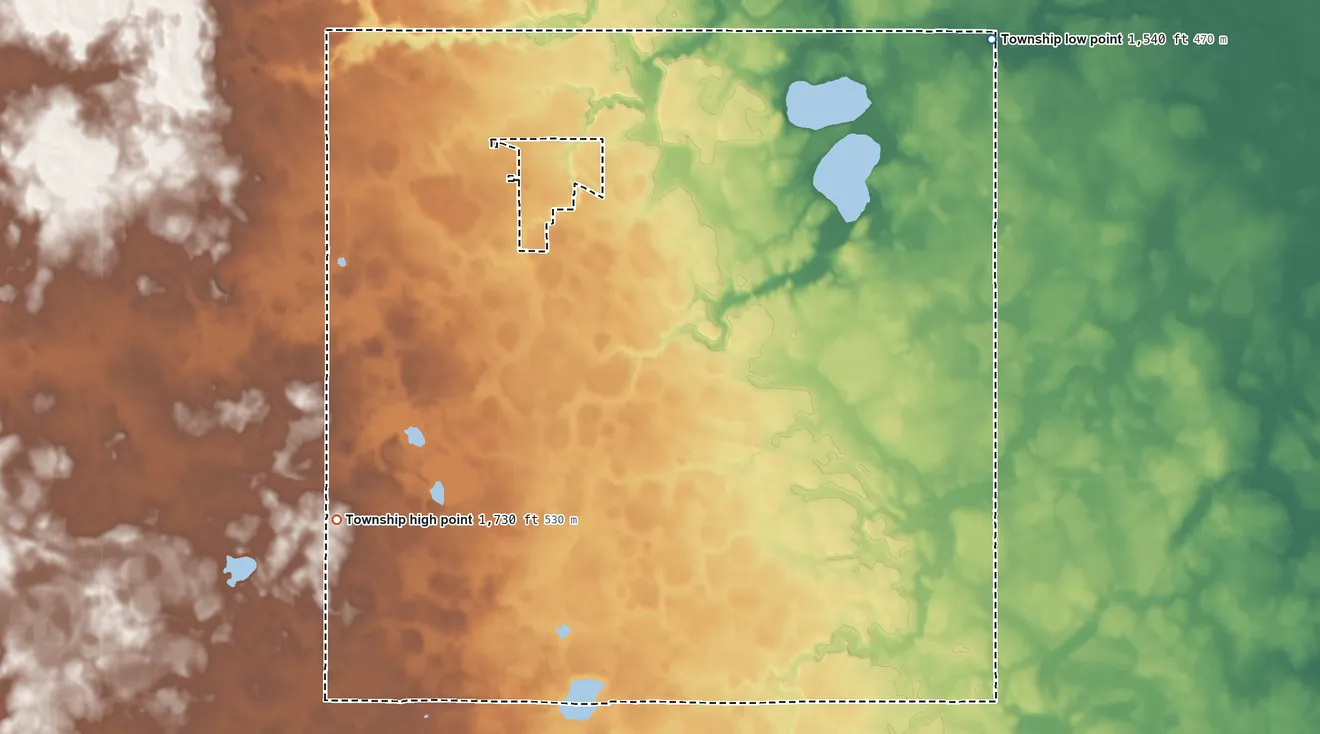 Topographic elevation map of Iona Township, Murray County, Minnesota, shaded from 1,540 ft on the northeast side to 1,730 ft on the southwest side