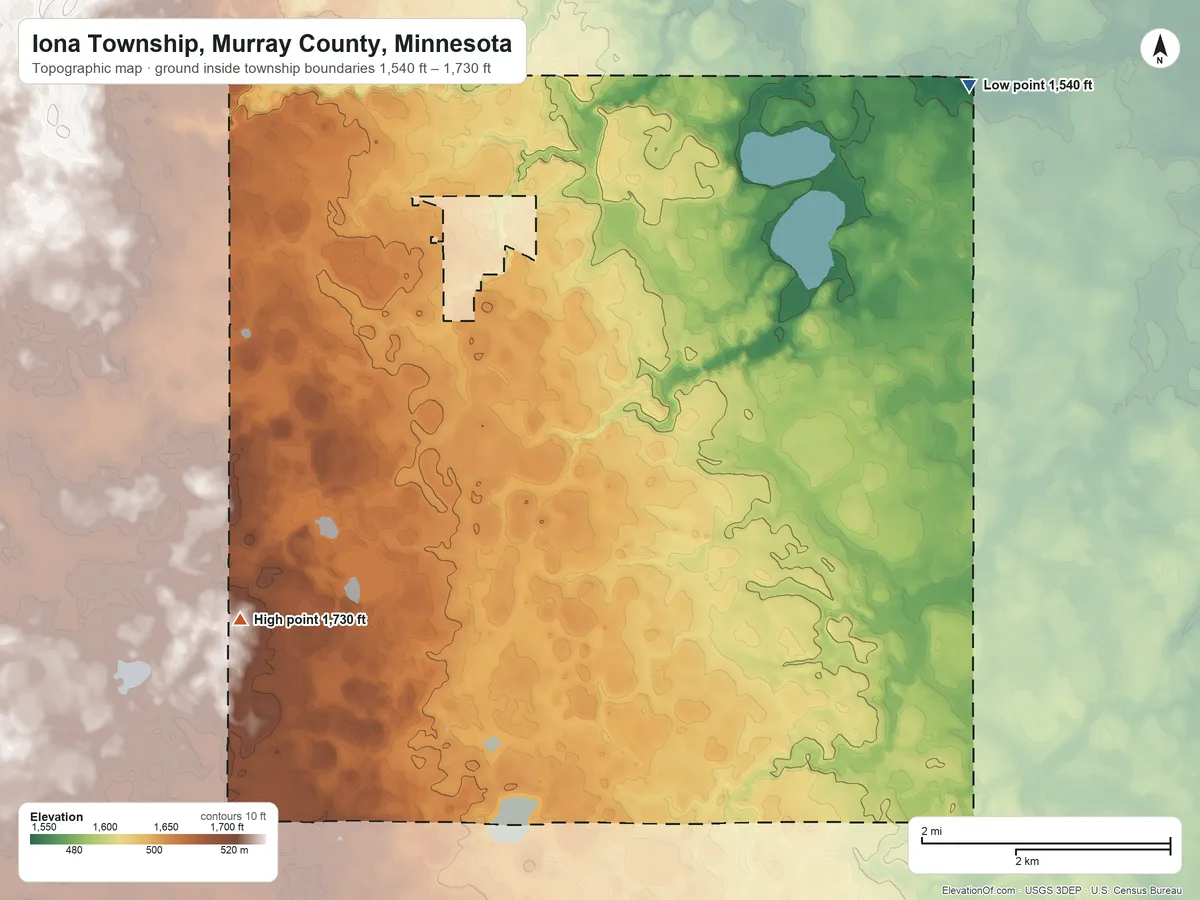 Topographic elevation map of Iona Township, Murray County, Minnesota, shaded from 1,540 ft on the northeast side to 1,730 ft on the southwest side