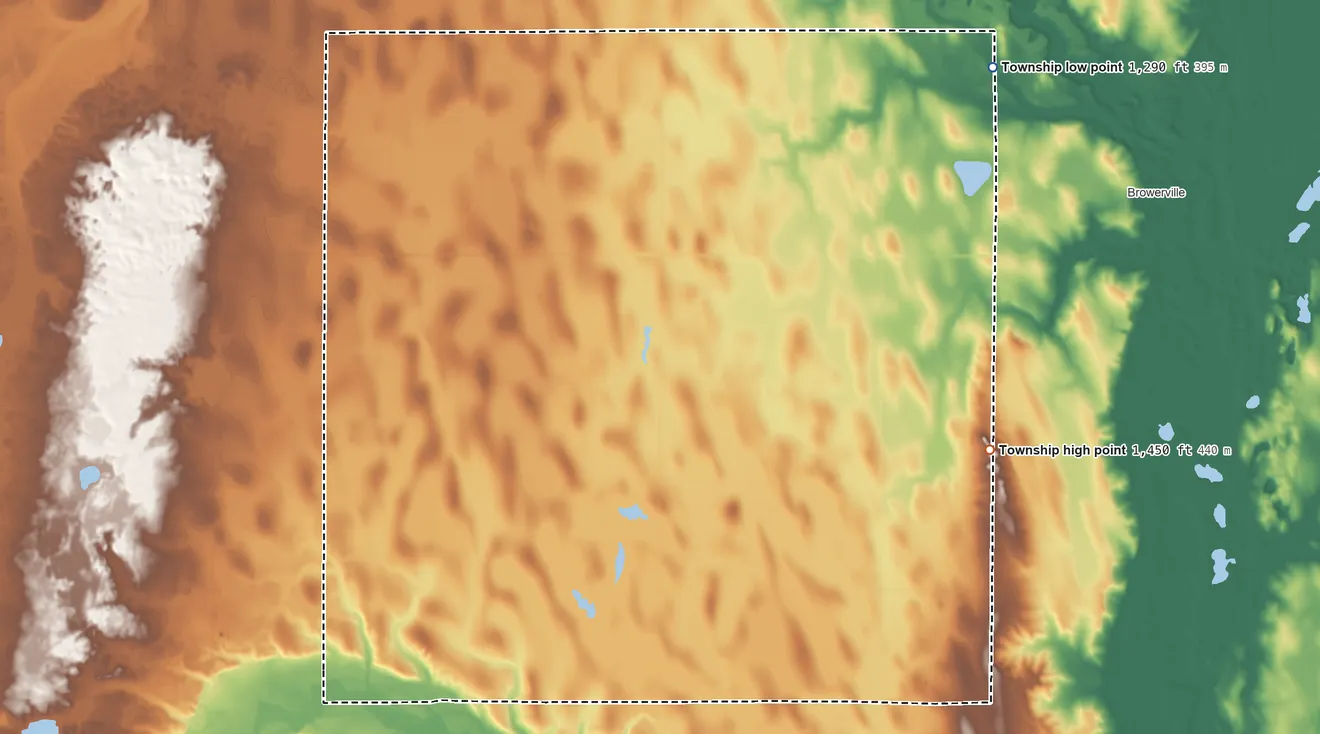 Topographic elevation map of Iona Township, Minnesota, shaded from 1,290 ft on the northeast side to 1,450 ft on the east side