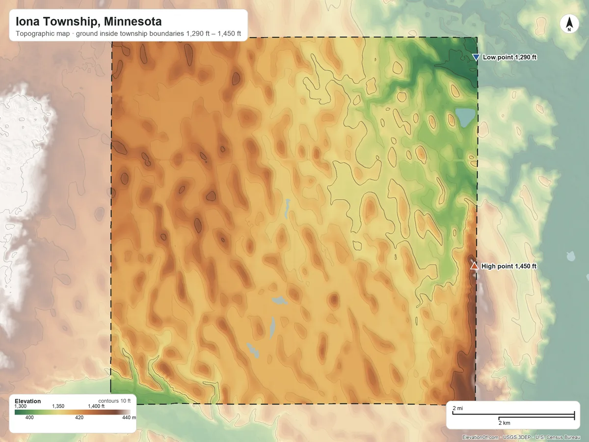 Topographic elevation map of Iona Township, Minnesota, shaded from 1,290 ft on the northeast side to 1,450 ft on the east side