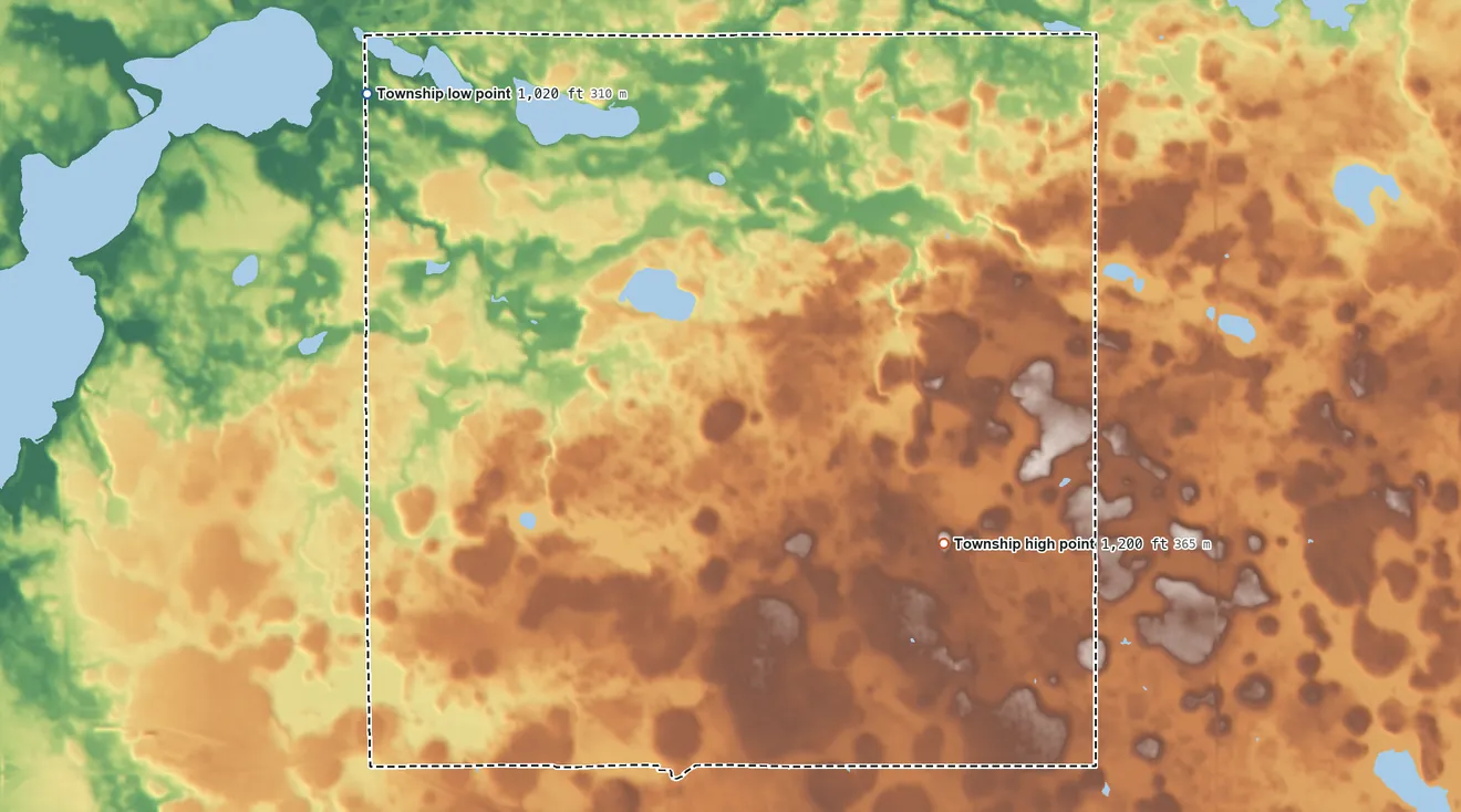 Topographic elevation map of Iosco Township, Minnesota, shaded from 1,020 ft on the northwest side to 1,200 ft on the southeast side