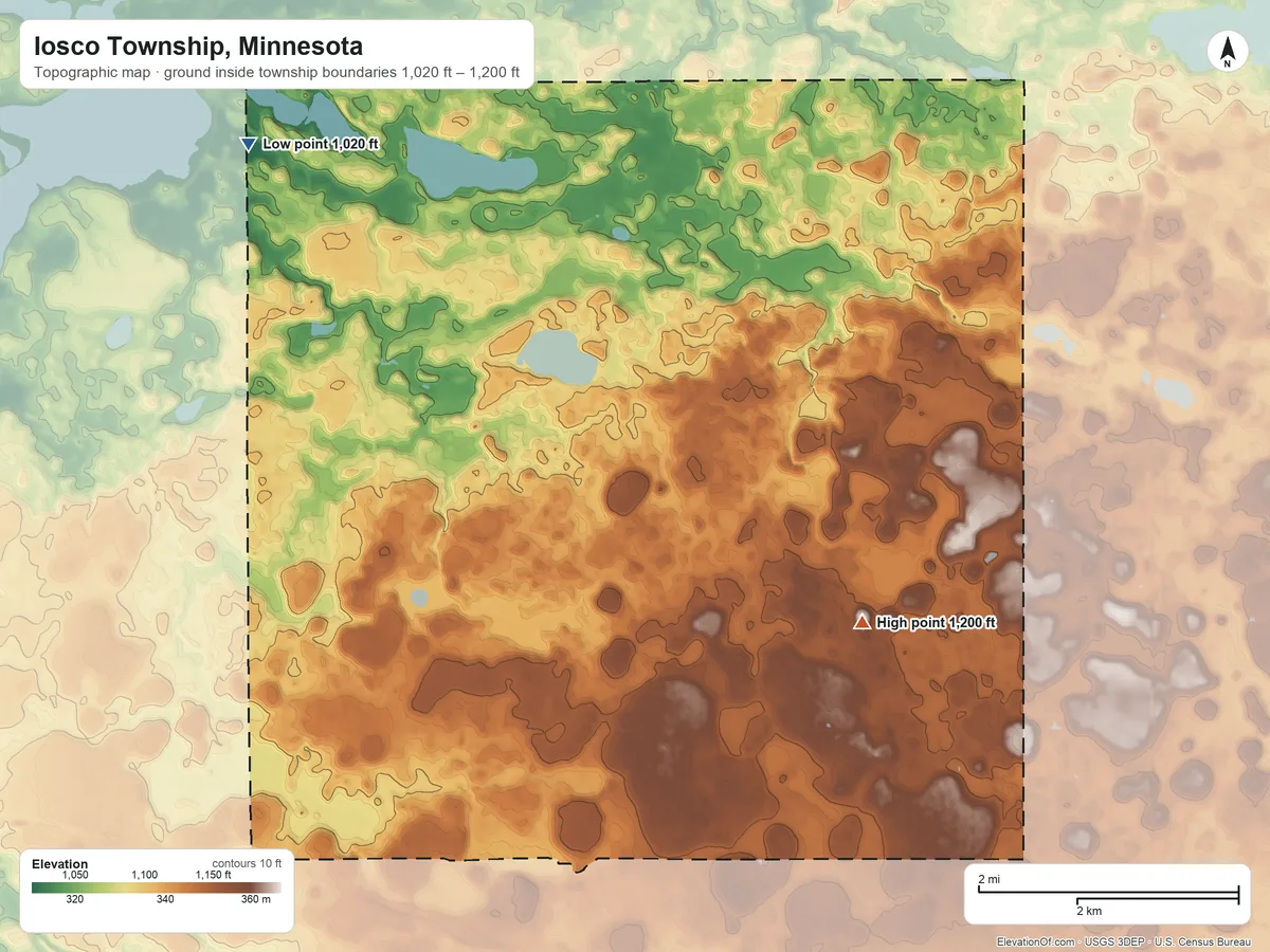 Topographic elevation map of Iosco Township, Minnesota, shaded from 1,020 ft on the northwest side to 1,200 ft on the southeast side