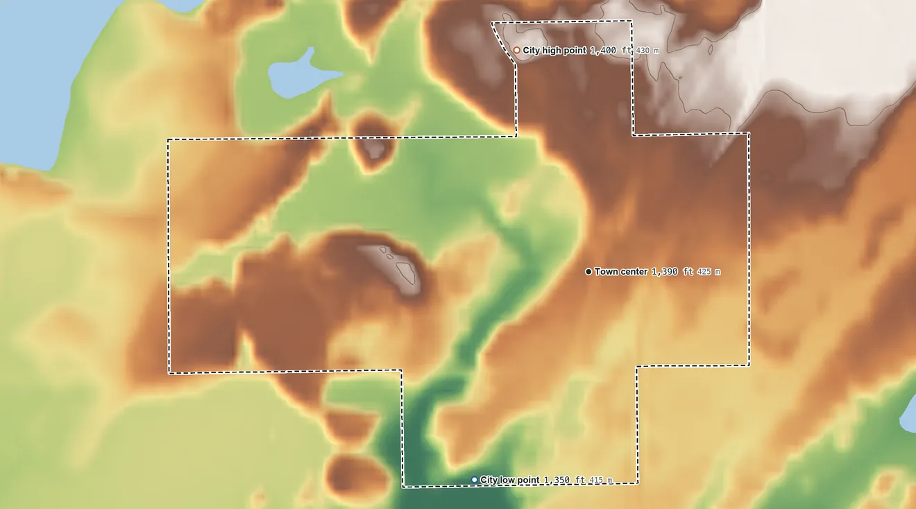 Topographic elevation map of Iron Junction, Minnesota, shaded from 1,350 ft on the southwest side to 1,400 ft on the north side