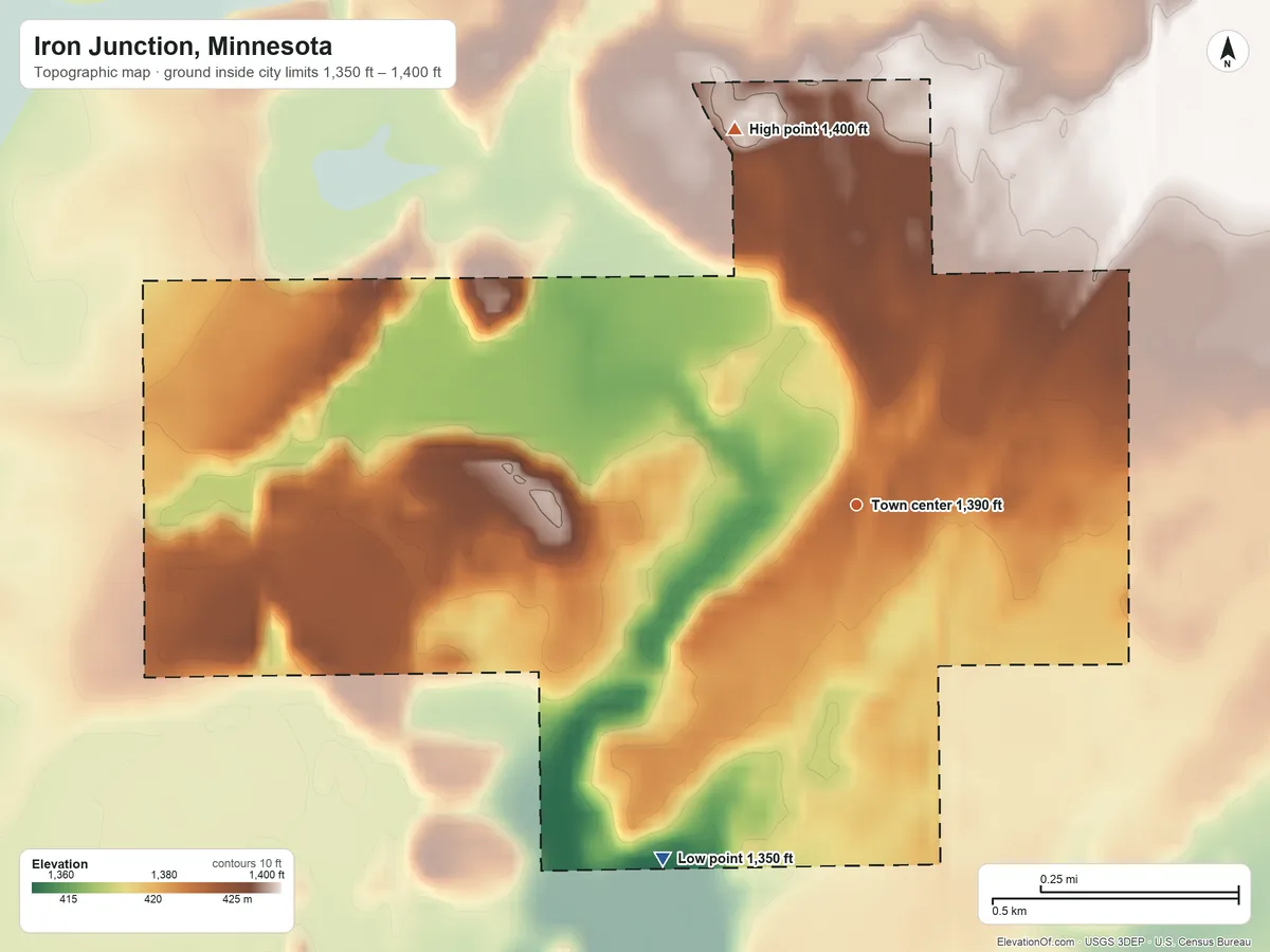 Topographic elevation map of Iron Junction, Minnesota, shaded from 1,350 ft on the southwest side to 1,400 ft on the north side
