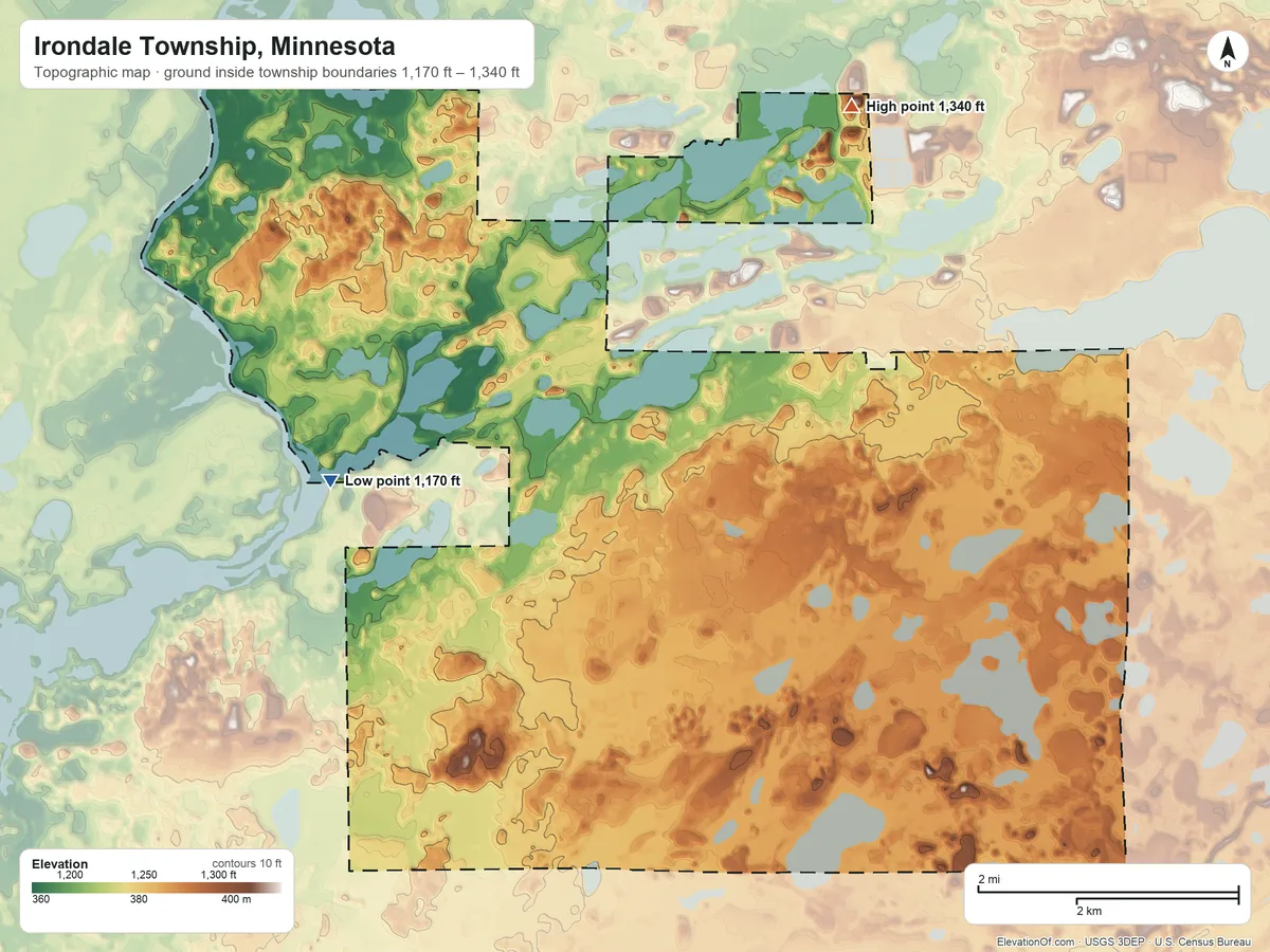 Topographic elevation map of Irondale Township, Minnesota, shaded from 1,170 ft on the west side to 1,340 ft on the north side