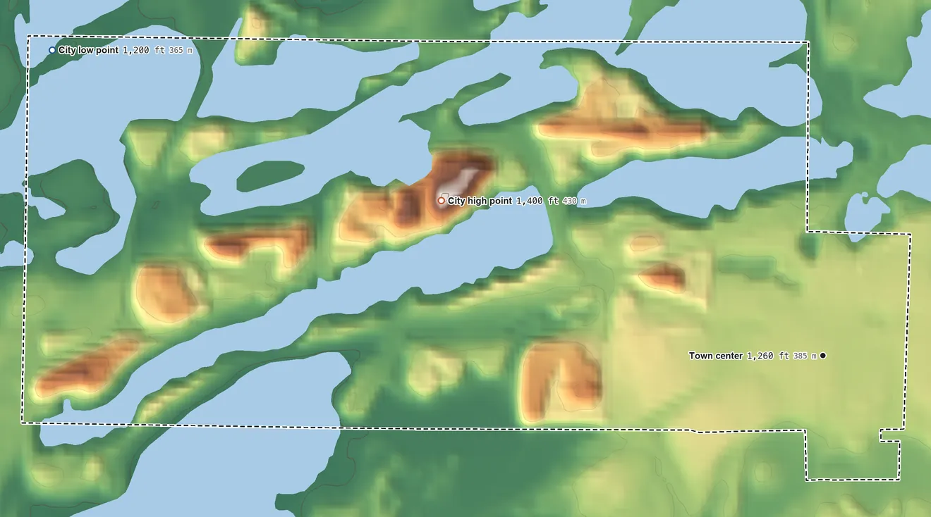 Topographic elevation map of Ironton, Minnesota, shaded from 1,200 ft on the west side to 1,400 ft on the west side