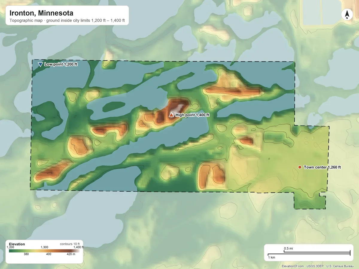Topographic elevation map of Ironton, Minnesota, shaded from 1,200 ft on the west side to 1,400 ft on the west side