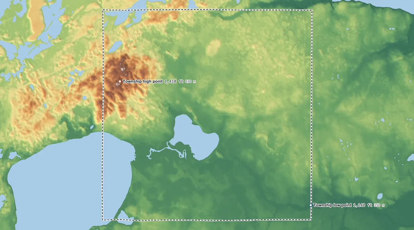 Topographic elevation map of Irving Township, Minnesota, shaded from 1,140 ft on the southeast side to 1,410 ft on the west side