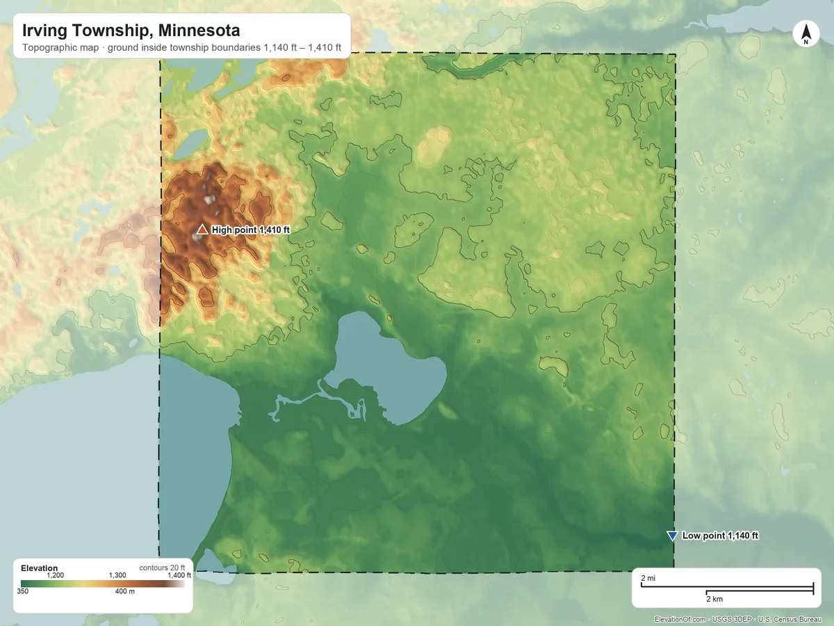 Topographic elevation map of Irving Township, Minnesota, shaded from 1,140 ft on the southeast side to 1,410 ft on the west side