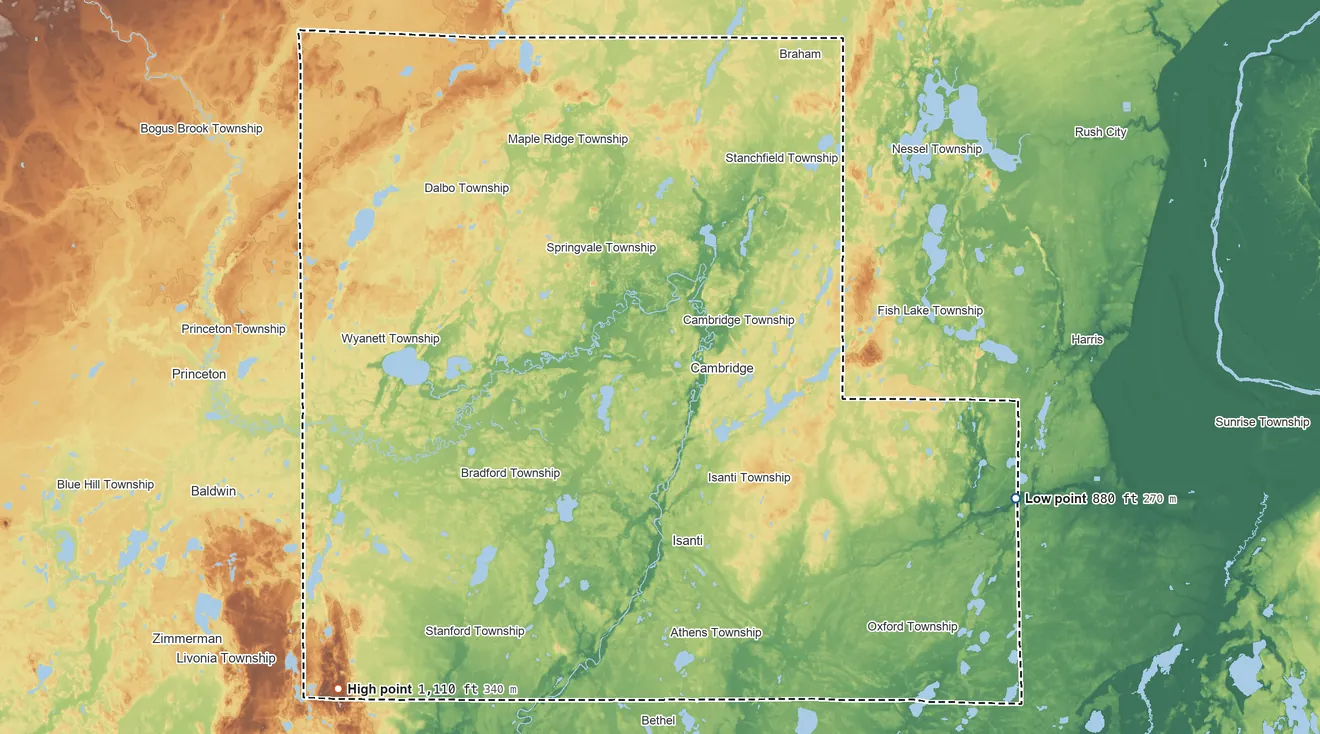 Topographic elevation map of Isanti County, Minnesota, shaded from 880 ft on the east side to 1,110 ft on the southwest side