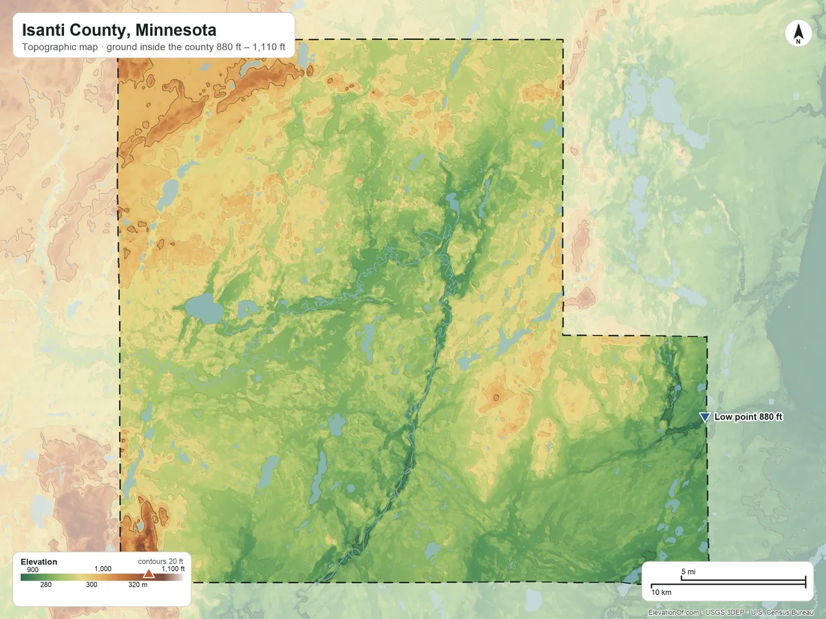 Topographic elevation map of Isanti County, Minnesota, shaded from 880 ft on the east side to 1,110 ft on the southwest side