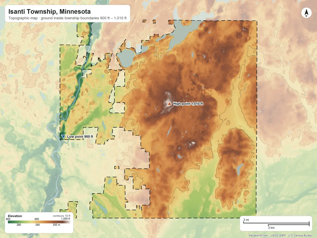 Topographic elevation map of Isanti Township, Minnesota, shaded from 900 ft on the west side to 1,010 ft near the middle