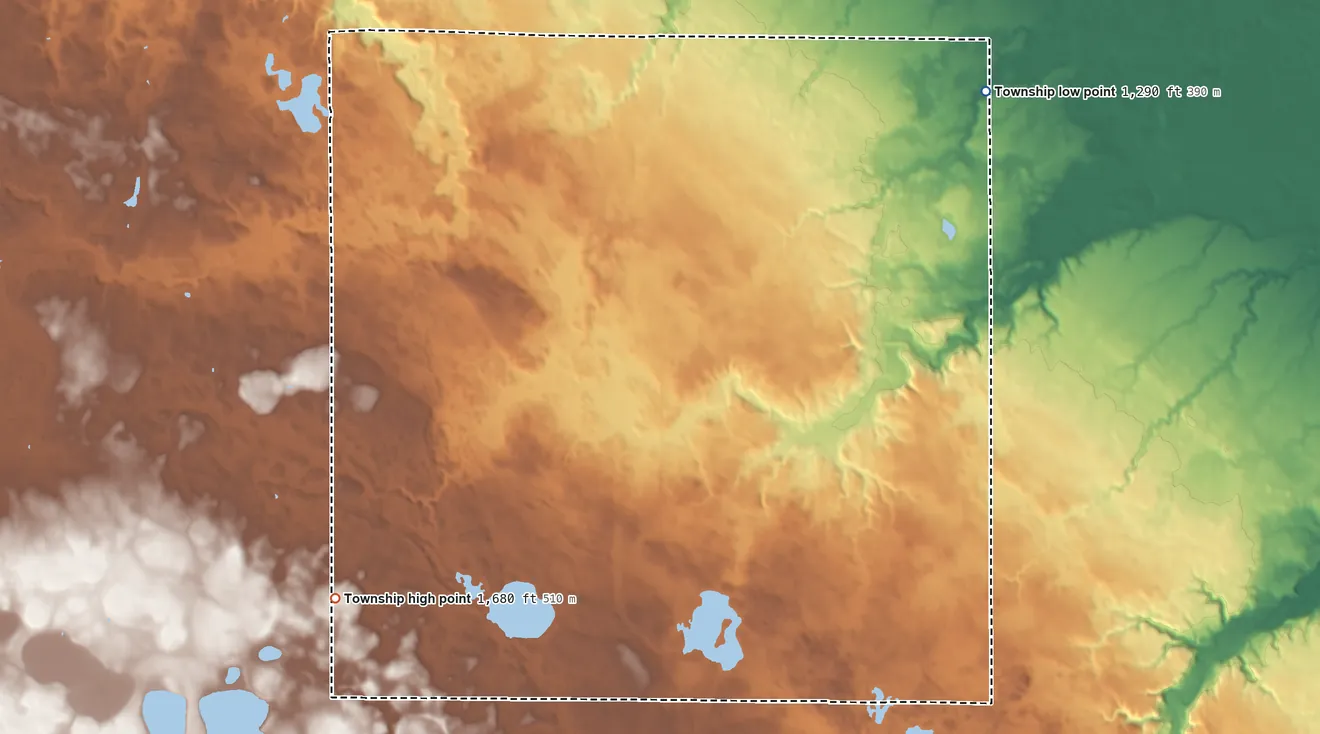 Topographic elevation map of Island Lake Township, Lyon County, Minnesota, shaded from 1,290 ft on the northeast side to 1,680 ft on the southwest side