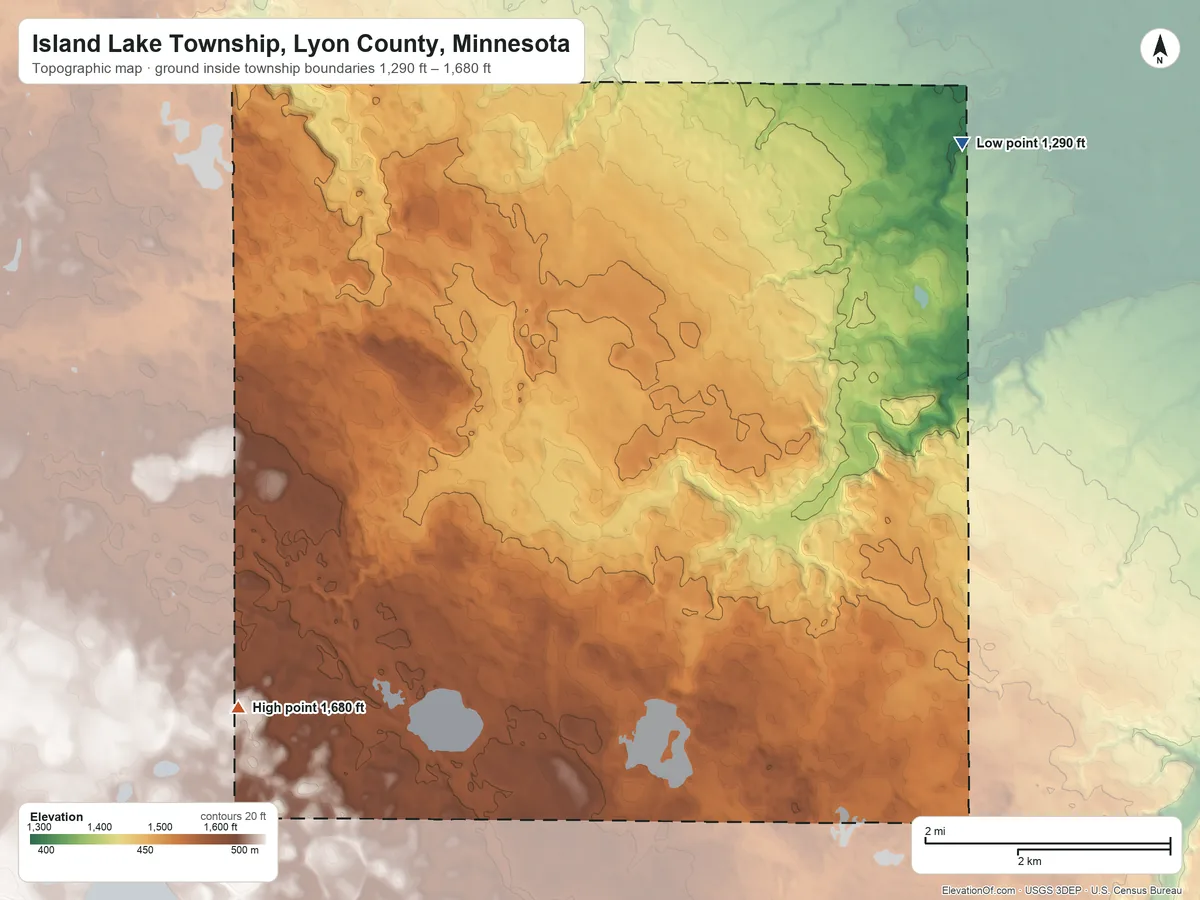 Topographic elevation map of Island Lake Township, Lyon County, Minnesota, shaded from 1,290 ft on the northeast side to 1,680 ft on the southwest side