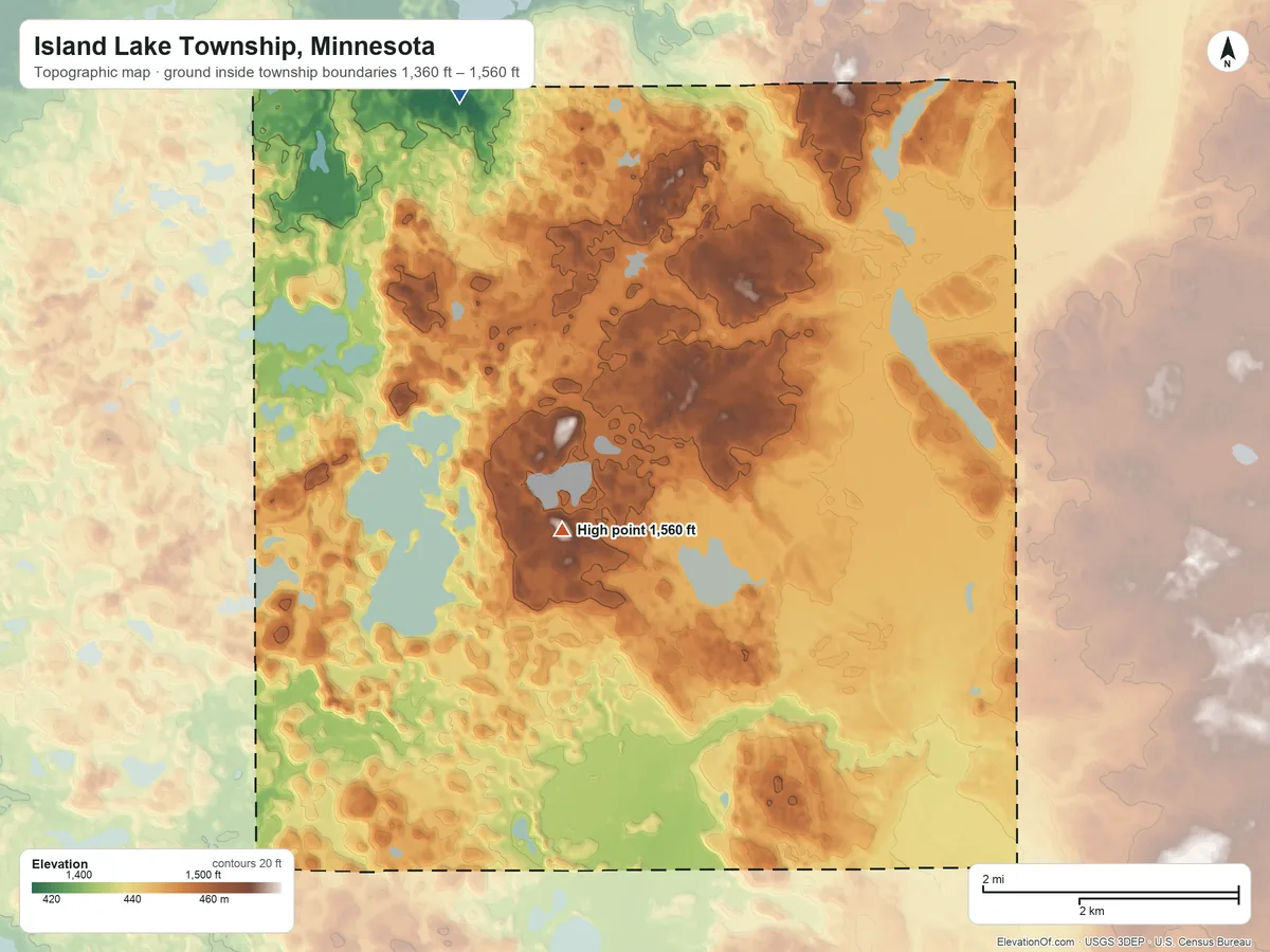 Topographic elevation map of Island Lake Township, Minnesota, shaded from 1,360 ft on the northwest side to 1,560 ft near the middle