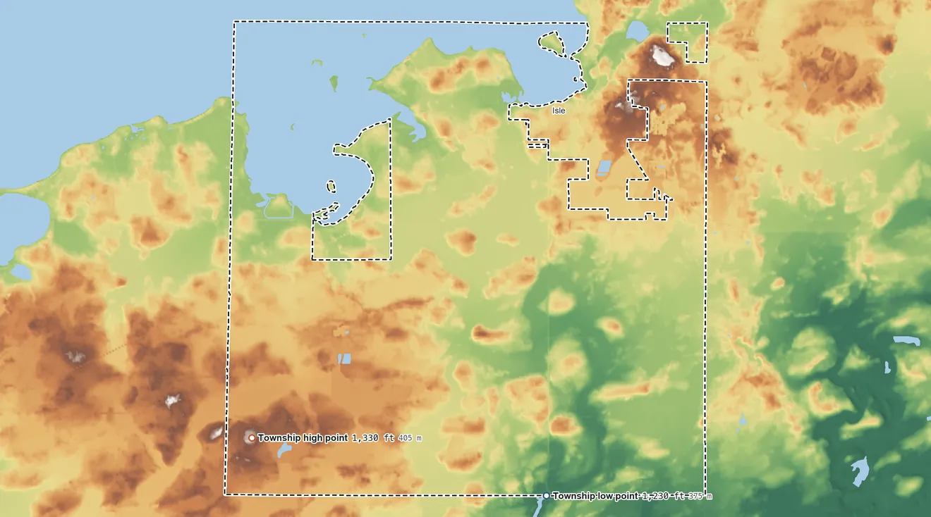 Topographic elevation map of Isle Harbor Township, Minnesota, shaded from 1,230 ft on the south side to 1,330 ft on the southwest side