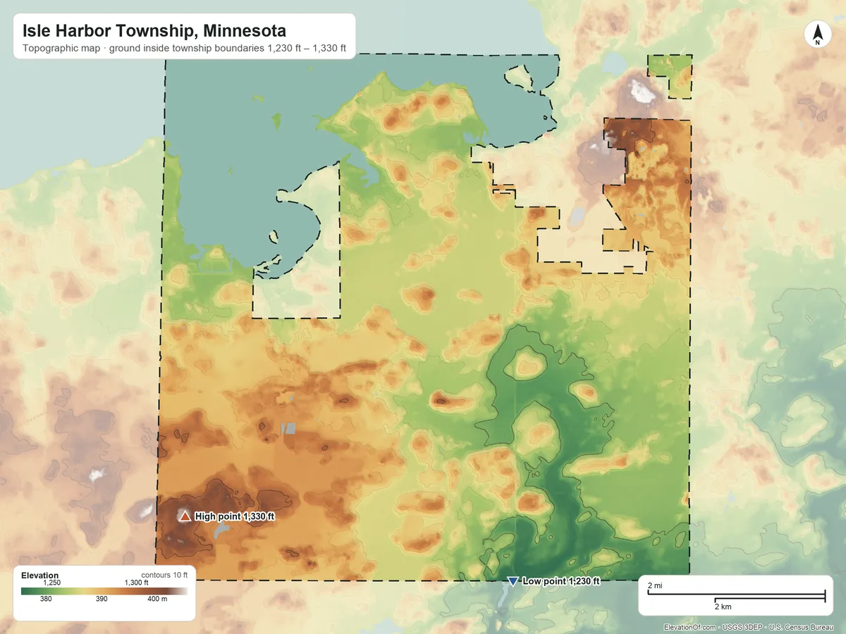 Topographic elevation map of Isle Harbor Township, Minnesota, shaded from 1,230 ft on the south side to 1,330 ft on the southwest side