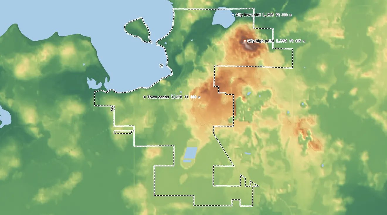 Topographic elevation map of Isle, Minnesota, shaded from 1,250 ft on the northeast side to 1,360 ft on the northeast side