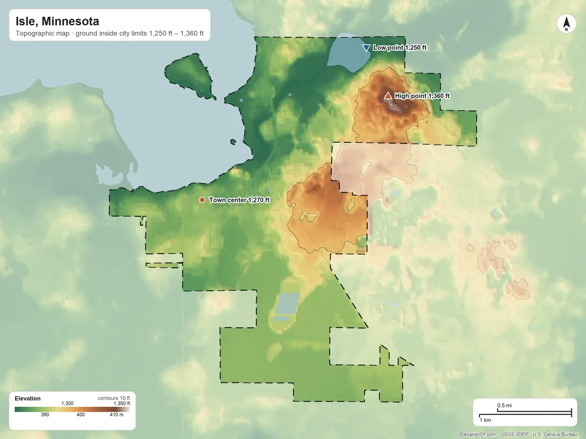 Topographic elevation map of Isle, Minnesota, shaded from 1,250 ft on the northeast side to 1,360 ft on the northeast side