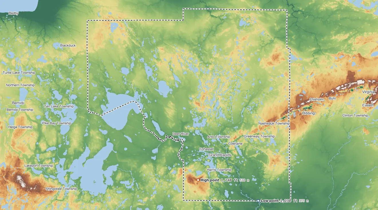 Topographic elevation map of Itasca County, Minnesota, shaded from 1,230 ft on the southeast side to 1,740 ft on Big Thunder Peak