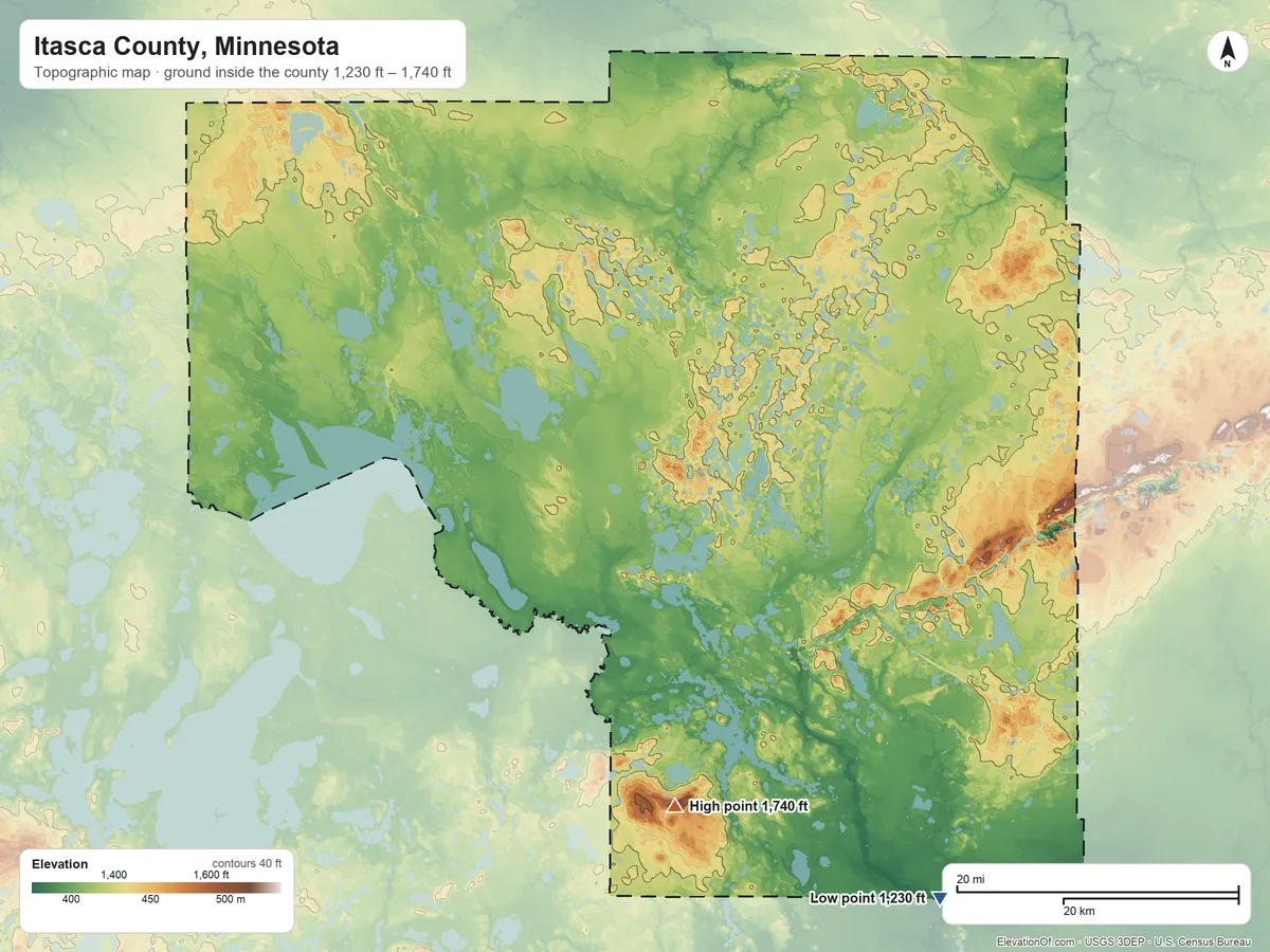 Topographic elevation map of Itasca County, Minnesota, shaded from 1,230 ft on the southeast side to 1,740 ft on Big Thunder Peak